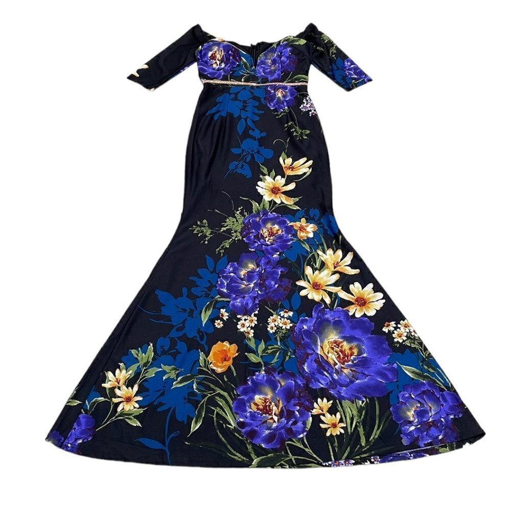 Soiéblu NWT Mermaid Gown V Neck Short Sleeve Dress Black Violet Size Small S - Picture 4 of 17
